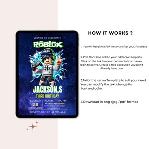 May include: A digital birthday invitation template featuring a Roblox character holding a game controller against a blue space background. The text includes JOIN US TO CELEBRATE, ROBLOX, JACKSON,S THIRD BIRTHDAY, and event details like date and time.