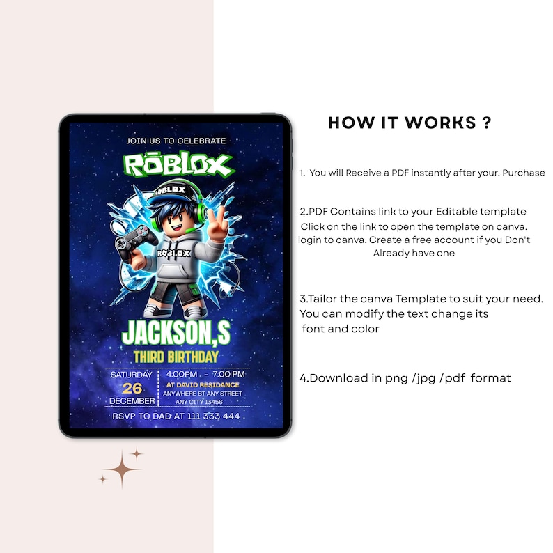 May include: A digital birthday invitation template featuring a Roblox character holding a game controller against a blue space background. The text includes JOIN US TO CELEBRATE, ROBLOX, JACKSON,S THIRD BIRTHDAY, and event details like date and time.