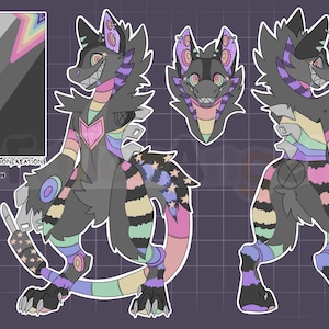 May include: Digital art of a stylized creature with a gray body, adorned with rainbow stripes and accents. The design includes a heart-shaped chest, star patterns, and text that reads "BASE BY FLUFFYDEMONCREATIONS".