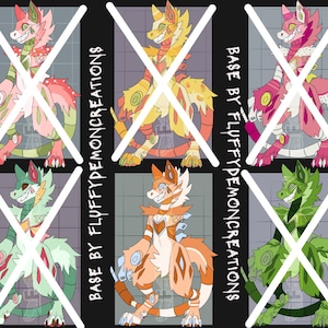 May include: A digital illustration sheet featuring five anthropomorphic creature designs in various color palettes, including pink, yellow, magenta, mint green, and orange. Each character has a tail, sharp teeth, and text reading BASE BY FLUFFYDEMONCREATIONS.