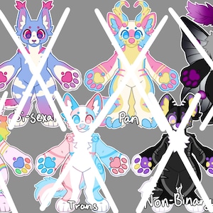 May include: A digital illustration sheet featuring eight anthropomorphic animal character designs in various color palettes. Each character is labeled with text including Lesbian, Bi-Sexual, Pan, Ace, Gay, Trans, Non-Binary, and Demi, with some crossed out.