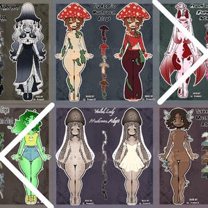 Puede incluir: Arte digital que presenta seis diseños de personajes con temática de hongos. Los personajes se representan en varias poses y atuendos, con detalles como sombreros de hongos, ropa y marcas en la piel. El texto incluye "Ink Cap Mushroom Adopt", "Fly Agaric Mushroom Adopt", "Nevil's Tooth Fungus Adopt", "Green Pepe Mushroom Adopt", "Veiled Lady Mushroom Adopt", y "Turkey Tail Mushroom Adopt".