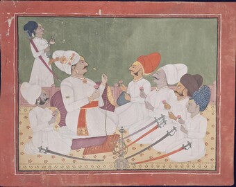 Antique Rajput Miniature Painting – Maharaja Royal Court Portrait, Mewar Marwar Art