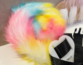 Rainbow Fox Tail, Furry Cosplay Costume Accessory, Gradient Colorful Festival Tail with Adjustable Strap