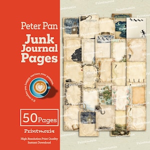 May include: A collection of 50 Peter Pan-themed junk journal pages. The pages feature vintage designs with illustrations of Neverland, Captain Hook, and other iconic elements. The pages are printed on aged paper, creating a nostalgic feel for crafting and journaling.