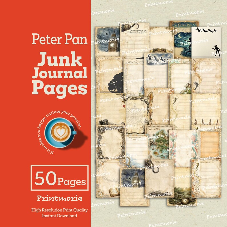 May include: A collection of 50 Peter Pan-themed junk journal pages. The pages feature vintage designs with illustrations of Neverland, Captain Hook, and other iconic elements. The pages are printed on aged paper, creating a nostalgic feel for crafting and journaling.