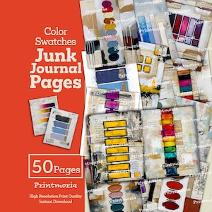 Páginas de diario basura con muestras de color: Imprimibles de collage modernos, kit de scrapbooking con técnica mixta, arte digital efímero (descarga digital instantánea)
