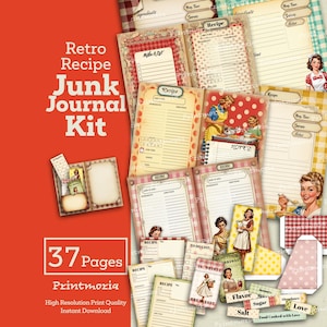 Retro Keuken Recepten Junk Journal Kit: Kookpagina's voor een junk journal, pakket met ruitjes- en stippenmotieven (Direct digitaal te downloaden)