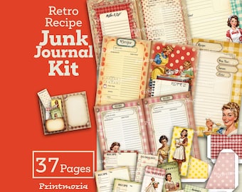 Retro Kitchen Recipe Junk Journal Kit: Cooking Junk Journal Pages, Gingham and Polka Dot Ephemera Pack (Digital Instant Download)