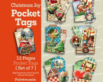 Christmas Joy Pocket Tags: Kit per scrapbooking e retro junk journal, Fussy Cuts, biglietti, parole (download digitale)