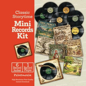 May include: A Classic Storytime Mini Records Kit featuring six illustrated record jackets with titles like Frog Prince, Gingerbread Man, Jack and the Beanstalk, Little Red Riding Hood, Three Little Pigs, and Tortoise and Hare, plus six black vinyl records.