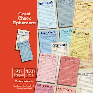 Puede incluir: Una colección de recibos "Guest Check" de estilo vintage en varios colores, incluyendo azul, rosa y amarillo. Los recibos presentan texto impreso y líneas para escribir, con las palabras "Guest Check" destacadas. La imagen también incluye el texto "30 Páginas 120 Pcs".