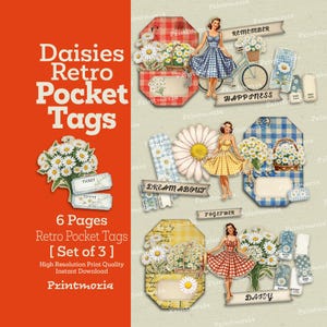 Etiquetas de bolsillo retro estilo años 50 con margaritas: Kit para diario de recortes con margaritas, recortes precisos, palabras, boletos, efímera imprimible (descarga digital instantánea)
