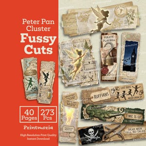 Könnte beinhalten: Eine Sammlung von Peter Pan-Themen-Fussy Cuts mit Illustrationen von Tinkerbell, Captain Hooks Haken, einem Krokodil und Piratenmotiven. Das Set enthält 40 Seiten und 273 Teile, mit dem Text "Peter Pan Cluster Fussy Cuts".