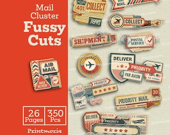 Vintage Mail Cluster Fussy Cuts: Junk Journal Ephemera, Utsmyckningsmaterial, Utskrivbart Scrapbooking Kit (Digital Direktnedladdning)