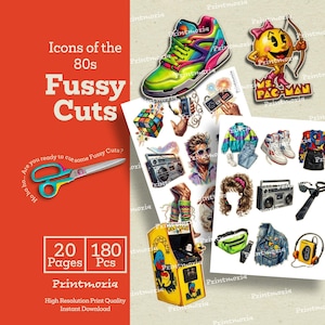 May include: A collection of 80s-themed fussy cut images, including a colorful sneaker, Ms. Pac-Man, a Rubik's Cube, boomboxes, and a retro arcade game. The image also features text that says "Icons of the 80s Fussy Cuts".