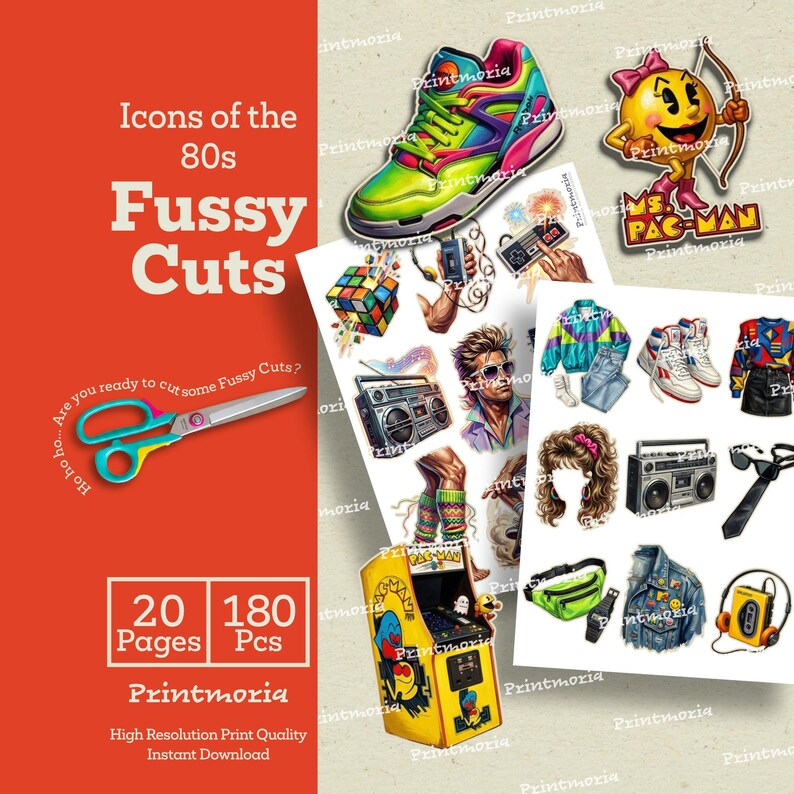 May include: A collection of 80s-themed fussy cut images, including a colorful sneaker, Ms. Pac-Man, a Rubik's Cube, boomboxes, and a retro arcade game. The image also features text that says "Icons of the 80s Fussy Cuts".