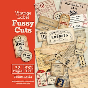 May include: A collection of vintage labels and ephemera, including a ticket to Venice, a Rome tag, and a Blueberry Jam label. The design features various fonts and aged paper textures, with text like "Vintage Label Fussy Cuts".