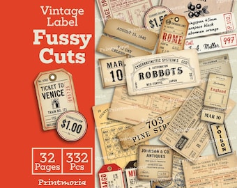 Vintage Label Fussy Cuts: Ephemera Pack för Junk Journal, Utsmyckningsetiketter, Antik Tagg, Retro Scrapbook Kit (Digital Direktnedladdning)