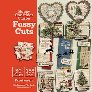 May include: A digital collection of Christmas-themed paper ephemera featuring vintage-style illustrations of reindeer, Santa Claus, pine trees, holly, and nutcrackers. The set includes various labels, tags, and decorative shapes with text.