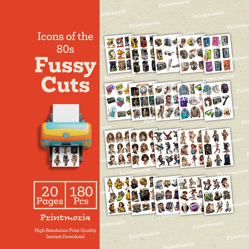 May include: A collection of 180 pieces of 80s-themed fussy cuts, including icons and images. The image shows a printer with the text "Icons of the 80s Fussy Cuts" and "Printmoria". The set includes 20 pages.