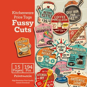 May include: A collection of vintage-style kitchen price tags with various designs, including a kettle, coffee percolator, mixer, and waffle iron. The tags feature prices and phrases like "Baking Essentials" and "Kitchen Time."