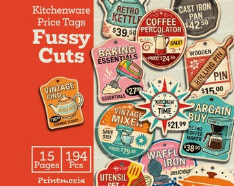 May include: A collection of vintage-style kitchen price tags with various designs, including a kettle, coffee percolator, mixer, and waffle iron. The tags feature prices and phrases like "Baking Essentials" and "Kitchen Time."