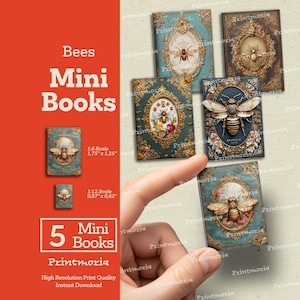 Miniksiążeczki Bee: Miniaturowy domek dla lalek do druku w skali, miniaturowe książeczki vintage Honeybee do efemeryd z dziennika śmieci (wersja cyfrowa do natychmiastowego pobrania)