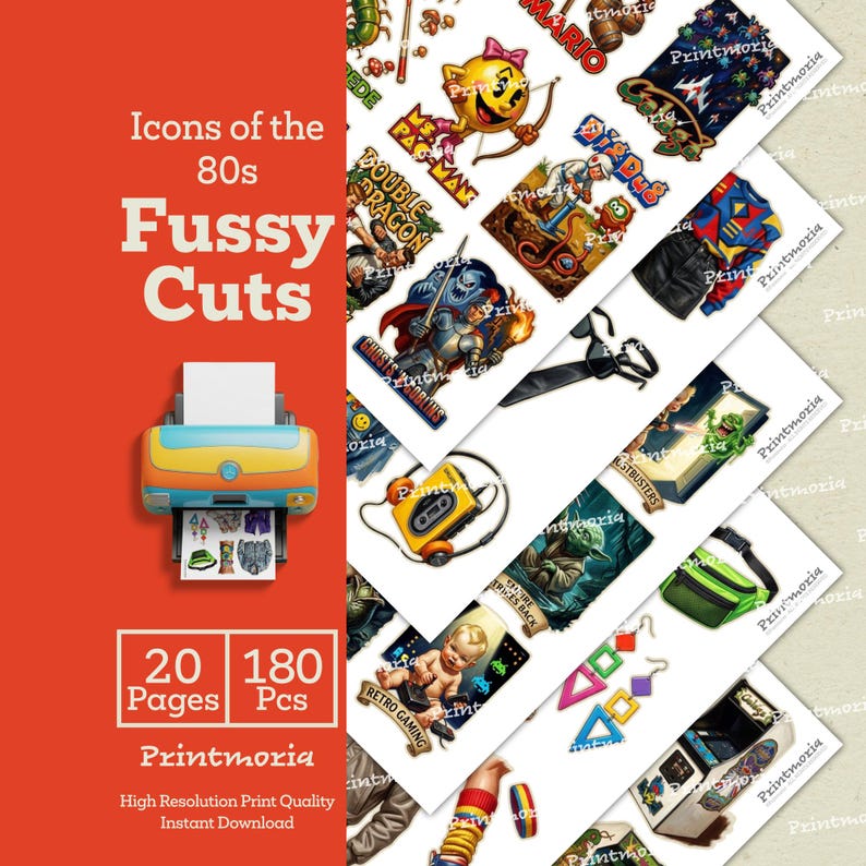 May include: A collection of 1980s-themed fussy cuts, including Pac-Man, Double Dragon, and Ghostbusters. The image features a colorful printer with the text "Icons of the 80s Fussy Cuts" and "Printmoria".