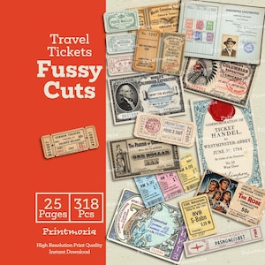 Reisetickets Fussy Schnitte: Digitale Reise Thema Verzierungen für Junk Journal, Printable Scrapbook Kit (Digital Sofort Download)