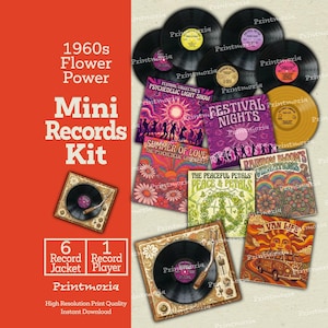 Peut inclure: Un kit de mini disques 1960s Flower Power comprenant six pochettes de disques carrées avec des illustrations psychédéliques colorées, un tourne-disque miniature et plusieurs disques vinyles noirs. Le texte indique 1960s Flower Power Mini Records Kit.