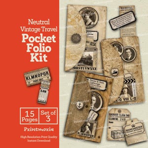 Kit da viaggio vintage neutro con portafoglio tascabile: raccoglitore a tre ante per junk journal e porta effimeri (download digitale immediato)