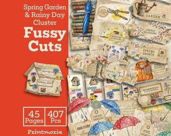 Spring Garden & Rainy Day Cluster Fussy Cuts: Junk Journal Ephemera Kit, Druckbare Gärtner Blumen Clipart (Digitaler Sofort Download)