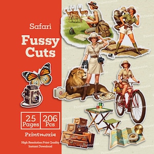 Vintage Safari Fussy Cuts, Nature Ephemera for Junk Journal, Embellishment Supplies, Printable Scrapbooking Kit (Digital Instant Download)