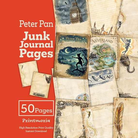 Peter Pan Junk Journal Pages: Neverland Digital Paper, Fairy Tale Scrapbook Kit, Tinkerbell, Pirate Adventure (Digital Instant Download)