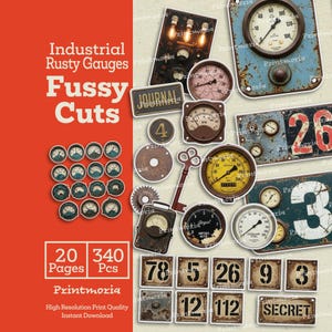 Industrial Rusty Fussy Cuts: Steampunk Gauges and Numbers Printable Ephemera, Junk Journ Embellishment Supplies (Digital Instant Download)