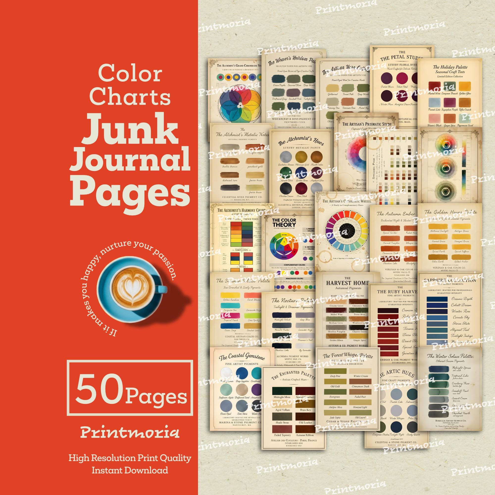 Color Charts Junk Journal Pages: 50 Vintage & Abstract Ephemera Pages ...