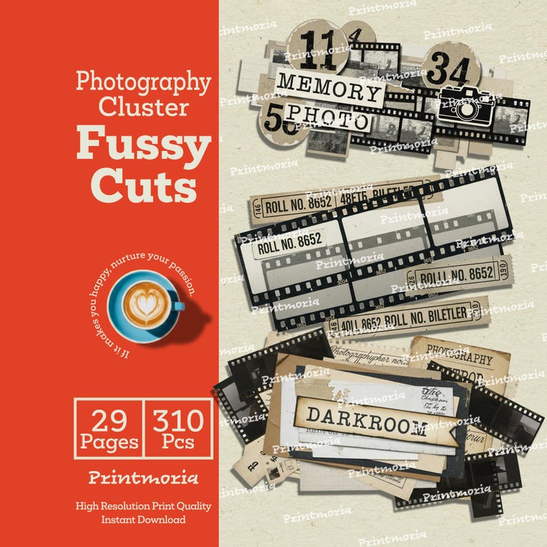 Photography Cluster Fussy Cuts, Retro Camera Ephemera for Junk Journals, Retro Film Strip Scrapbooking Kit (Digital Instant Download) image 2