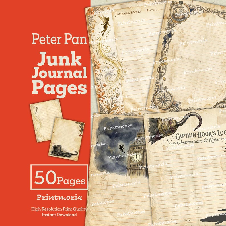 May include: A collection of vintage-style Peter Pan junk journal pages. The pages feature illustrations of fairies, compasses, and Captain Hook's hook. The text includes "Journal Entry" and "Captain Hook's Log". The pages are aged with a distressed look.