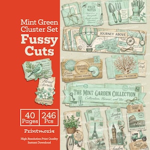 Op de afbeelding: Een mintgroene cluster set van knipwerk met vintage-stijl illustraties. De set bevat afbeeldingen van een luchtballon, schelpen, een fiets en bezienswaardigheden. De tekst op de afbeelding luidt "Mint Green Cluster Set Fussy Cuts".