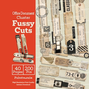 May include: A collection of vintage paper ephemera, such as tags, labels, and stamps. The design includes the text "Office Document Cluster Fussy Cuts," with additional text indicating 40 pages and 200 pieces. The color scheme is mainly beige, brown, and black.