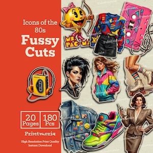 May include: A collection of 1980s-themed cutouts featuring a Pac-Man character, a cassette tape, a denim jacket, a boombox, a sneaker, and portraits of women. The text "Icons of the 80s" and "Fussy Cuts" are displayed on an orange background.