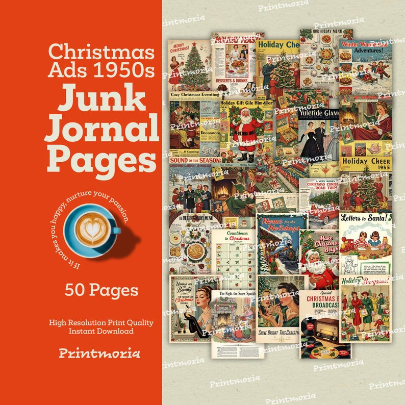 Pagine per junk journal dedicate alle pubblicità natalizie degli anni '50: kit natalizio retrò stampabile di 50 pagine (download digitale immediato) immagine 2