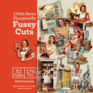 1950-talets retro hemmafru-kräsna klipp: Utskrivbara vintagekvinna-ephemera, skräpjournal-kit från mitten av århundradet, retro hushållsarbete (digital direktnedladdning) bild 1