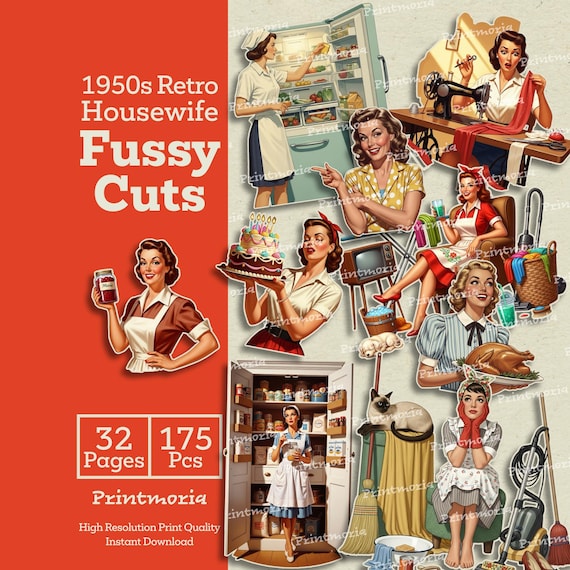1950s Retro Housewife Fussy Cuts: Printable Vintage Woman Ephemera, Mid Century Junk Journal Kit, Retro Housework (Digital Instant Download)