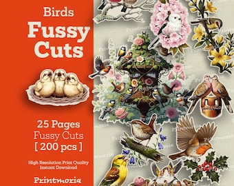 Set de recortes de pájaros vintage, elementos decorativos de naturaleza para diarios de recortes, materiales de decoración, kit imprimible para álbumes de recortes (descarga digital instantánea).