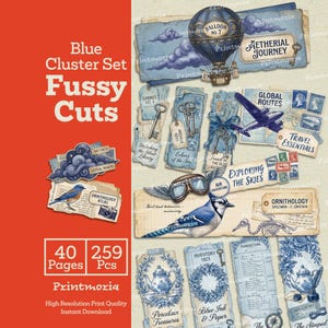 Kit de recortes para diario creativo Blue Cluster Set: Porcelana victoriana, pájaros, recortes de globos aerostáticos (descarga digital instantánea)