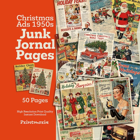 1950s Christmas Ads Junk Journal Pages: 50 Page Printable Retro Holiday Kit (Digital Instant Download)