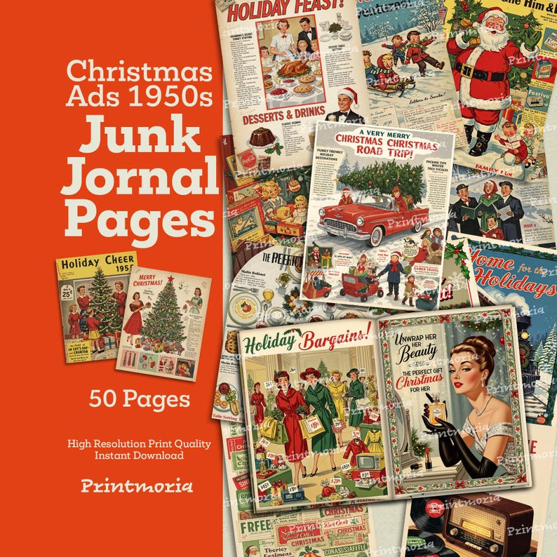 Pagine per junk journal dedicate alle pubblicità natalizie degli anni '50: kit natalizio retrò stampabile di 50 pagine (download digitale immediato) immagine 1
