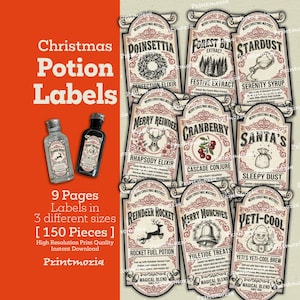 Vintage Christmas Potion Labels: 150 PCS Apothecary Junk Journal Kit - Printable Elixir Bottle Tags  (Digital Instant Download, PDF File)